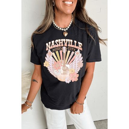 Black Nashville Music City Guitar Angel Wing Graphic Tee