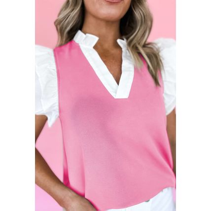 Pink Contrast V Neck Ruffled Textured Knit Top