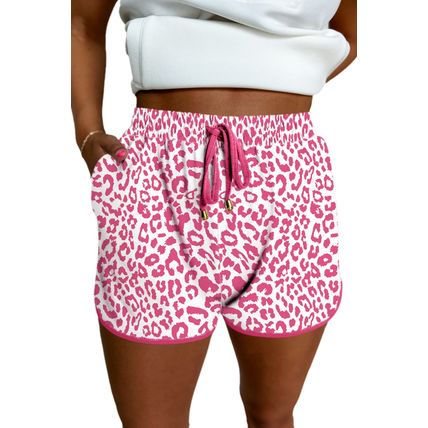 Pink Leopard Elastic Waist Lace up Contrast Trim Casual Shorts