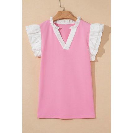 Pink Contrast V Neck Ruffled Textured Knit Top