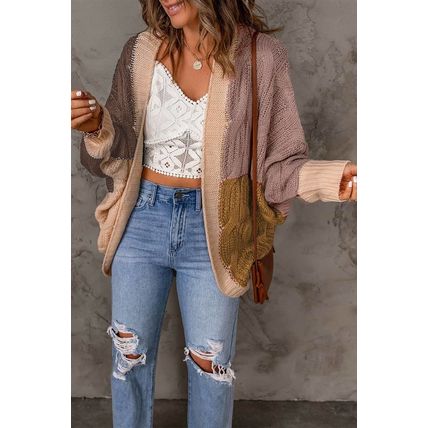 Brown Color Block Loose Open Front Knitted Cardigan