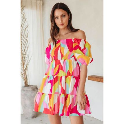 Multicolor Geometric Print Smocked Babydoll Mini Dress