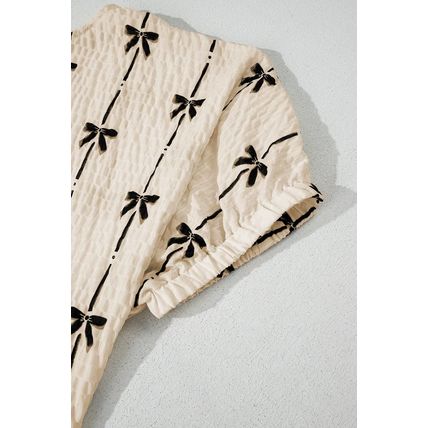 Beige Bow Print Puff Short Sleeve Top