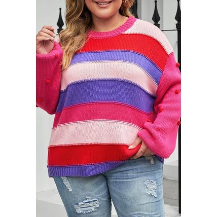 Pink Plus Size Striped Knit Pompom Puff Sleeve Sweater