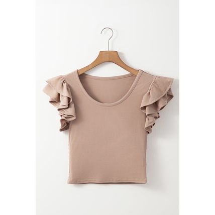 Smoke Gray Ribbed Knit Ruffled Shoulder Slim Fit Tank Top