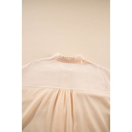 Beige Waffle Splicing Short Batwing Sleeve Flap Detail Shirt