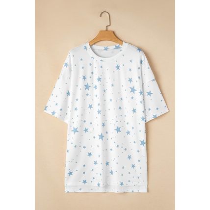 Sky Blue Stars Print Drop Shoulder Oversized T Shirt with Slits