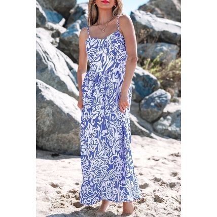 Sky Blue Floral Print Spaghetti Strap High Waist Maxi Dress