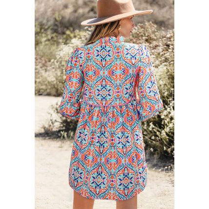 Sky Blue Abstract Printed Long Sleeve Tied Neckline Mini Dress