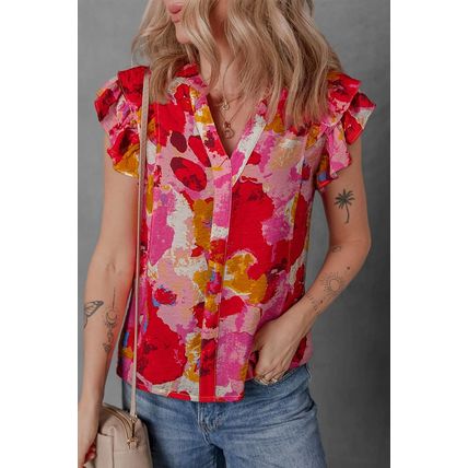 Red Abstract Print Split V Neck Ruffle Short Sleeve Blouse
