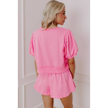 Pink Contrast Bow Trim Pearl Puff Sleeve Blouse and Skort 2pcs Set