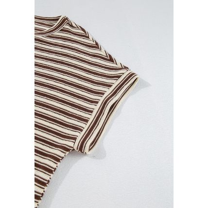 Brown Stripe Textured Side Slits Crew Neck T Shirt