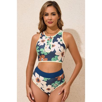 Blue Flower Zip up Racerback High Waisted Bikini
