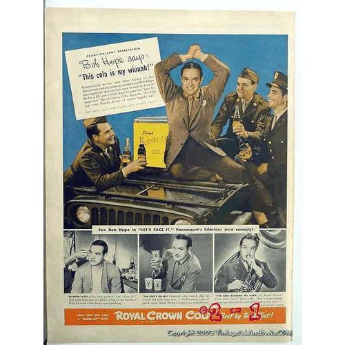 ROYAL CROWN COLA 1943 Bob Hope WW2 WWII bottle RC vintage ad
