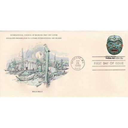 United States 1980 Bella Bella Indian Art FDC Spokane Cancel unaddressed VGC
