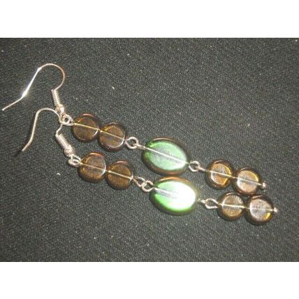 One off bronze dipped dark yellow & green glass long swing earrings