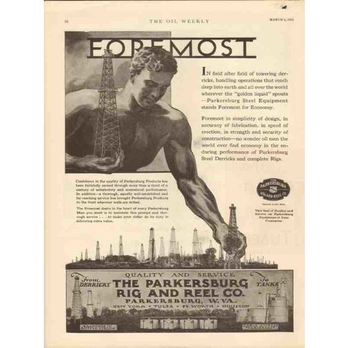 PARKERSBURG RIG REEL COMPANY 1931 Foremost oilfield derrick vintage ad