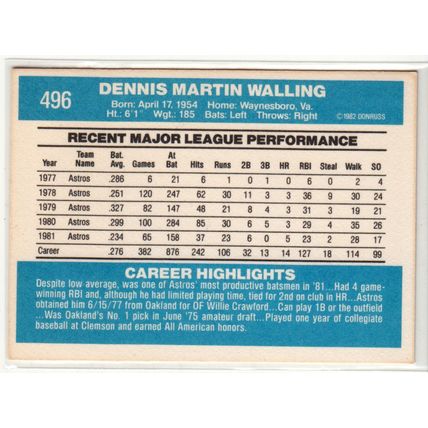 1982 Donruss baseball card 496 Denny Walling