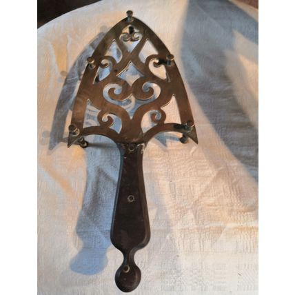Antique/Vintage Wood & Solid Brass Iron Shape Stand/Trivet - Decor