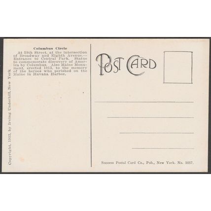 Columbus Circle, New York City, 1913 - Success Postal Card Co Postcard