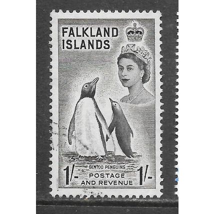 FALKLAND ISLANDS 1955 QE2 1/- GENTOO PENGUINS ANIMAL SEA BIRD USED