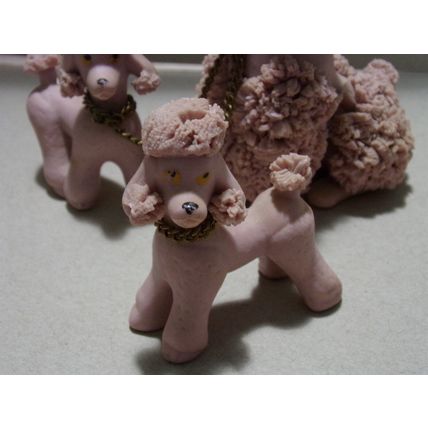 Vintage Pink Poodle Family Spaghetti Ceramic Blue Stone Eyes Mom Puppies