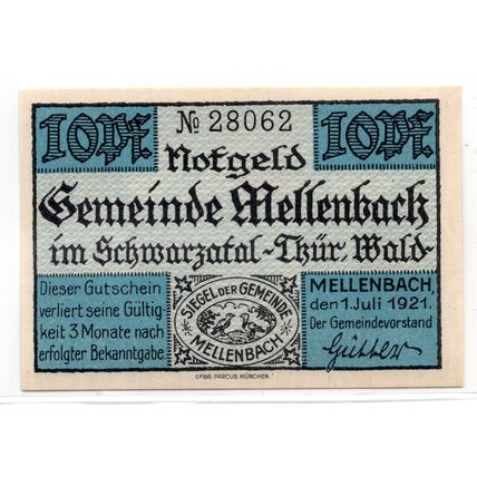 1921 Germany Mellenbach Notgeld 10 Pfennig Note (1244)