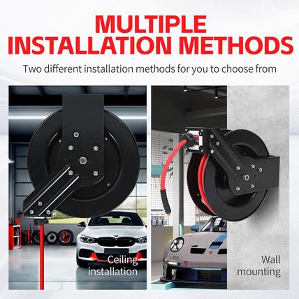 Maxworks 80720 50Ft Auto Rewind Retractable Reel with 3/8" X 50' Air Hose with B