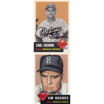 CARL ERSKINE & JIM HUGHES AUTO 1953 BROOKLYN DODGERS HOF SB CHAMPION PITCHERS