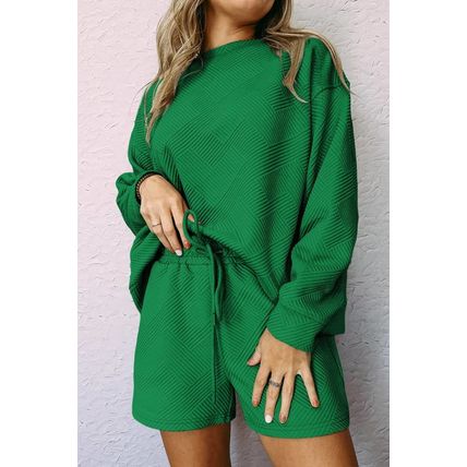 Green Textured Long Sleeve Top and Drawstring Shorts Set