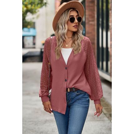 Waffled Knit Lace Long Sleeve Buttoned Cardigan