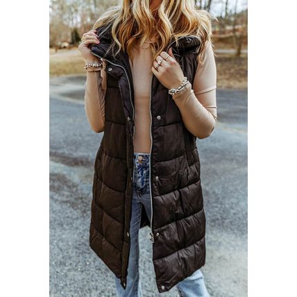 Black Hooded Long Quilted Vest Coat