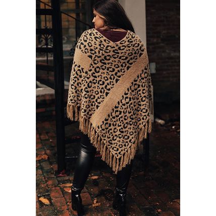 Leopard Plus Size Tasseled Hem Draped Poncho