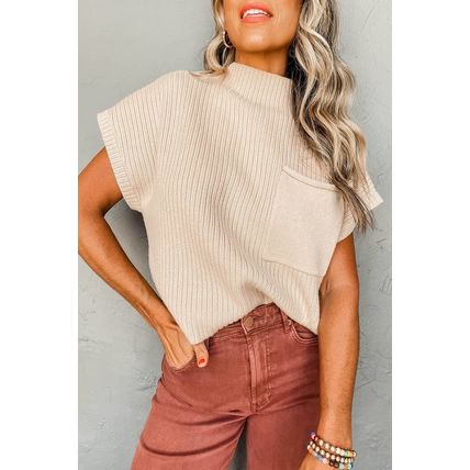 Oatmeal Patch Pocket Ribbed Knit Short Sleeve Sweater