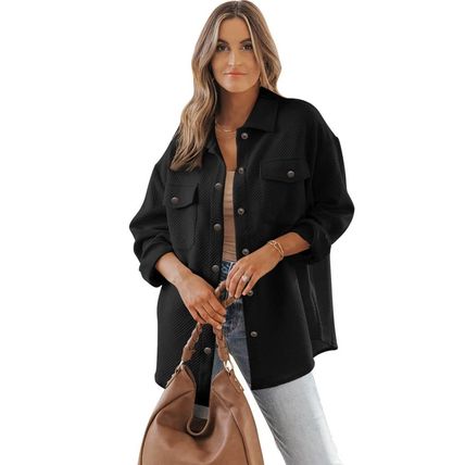 Black Solid Textured Flap Pocket Buttoned Shacket