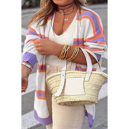 Beige Plus Size Striped Dropped Shoulder Sweater Cardigan