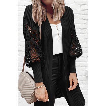 Black Crochet Lace Sleeve Ribbed Knit Cardigan