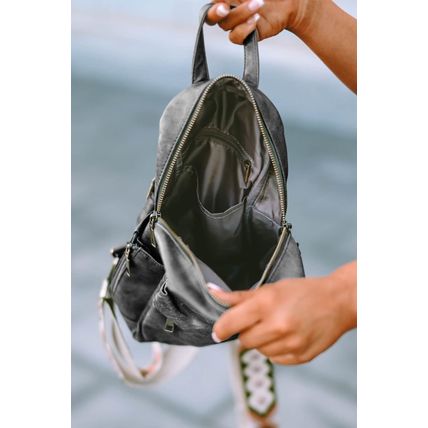 Gray Double Zipper Faux Leather Backpack