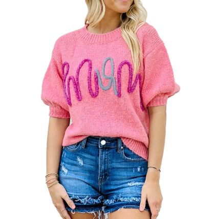 Bonbon Mom Tinsel Front Short Sleeve Sweater