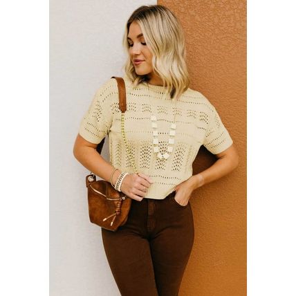 Beige Knitted Hollow out Short Sleeve Crop Sweater