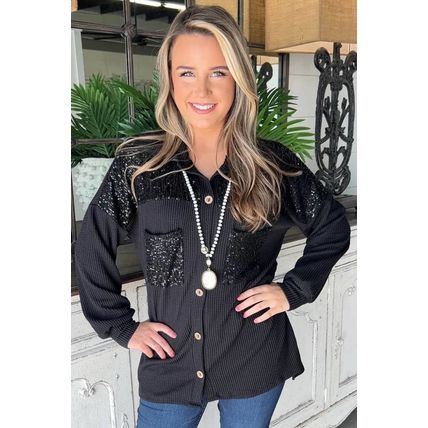 Black Sequin Patch Chest Pocket Corded Shacket