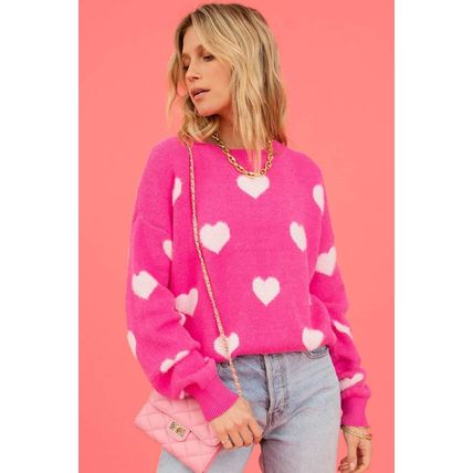 Bright Pink Fuzzy Valentine Hearts Drop Shoulder Sweater