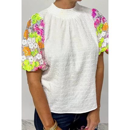 White Smocked Collar Sequin Flower Puff Sleeve Textured Top