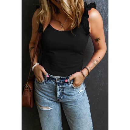 Black Ruffled Wide Straps Slim Tank Top