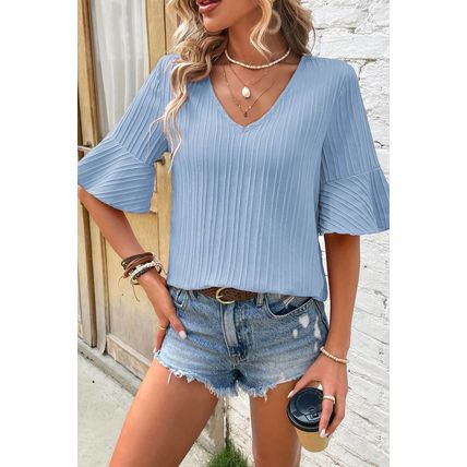 Beau Blue Ruffled Half Sleeve V Neck Textured Top