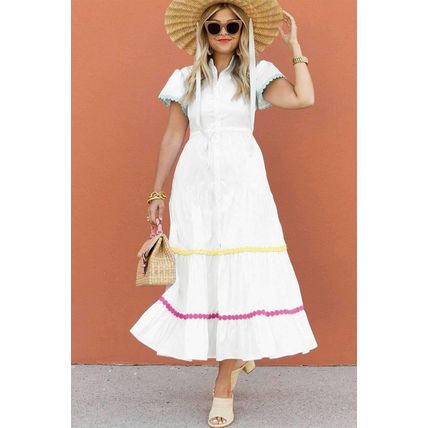White Colorblock Rickrack Trim Short Sleeve Drawstring Waist Long Dress