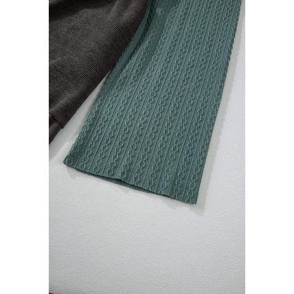 Laurel Green Mixed Textured Colorblock Patchwork Wide Sleeve Frayed High Low Hoo
