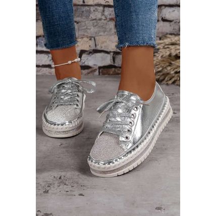 Silvery Rhinestone Metallic Sheen Lace-up Flat Shoes