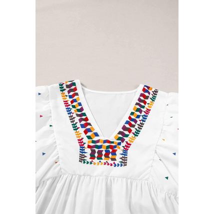 White Embroidered Puff Sleeve V Neck Blouse
