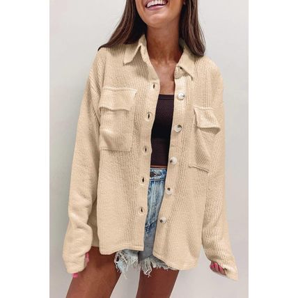 Apricot Solid Color Corduroy Buttoned Long Sleeve Shacket